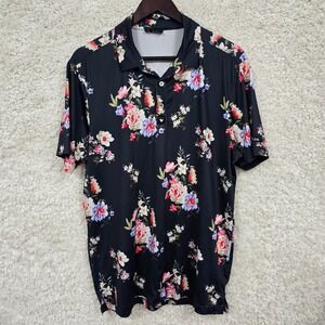Bad Birdie Floral Golf Polo Mens Medium Black Botanical Performance Shirt